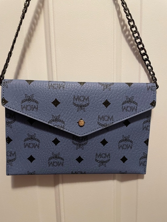 MCM Handbags - MCM Light Blue Logo Envelope Wallet clutch pouch like new with chain